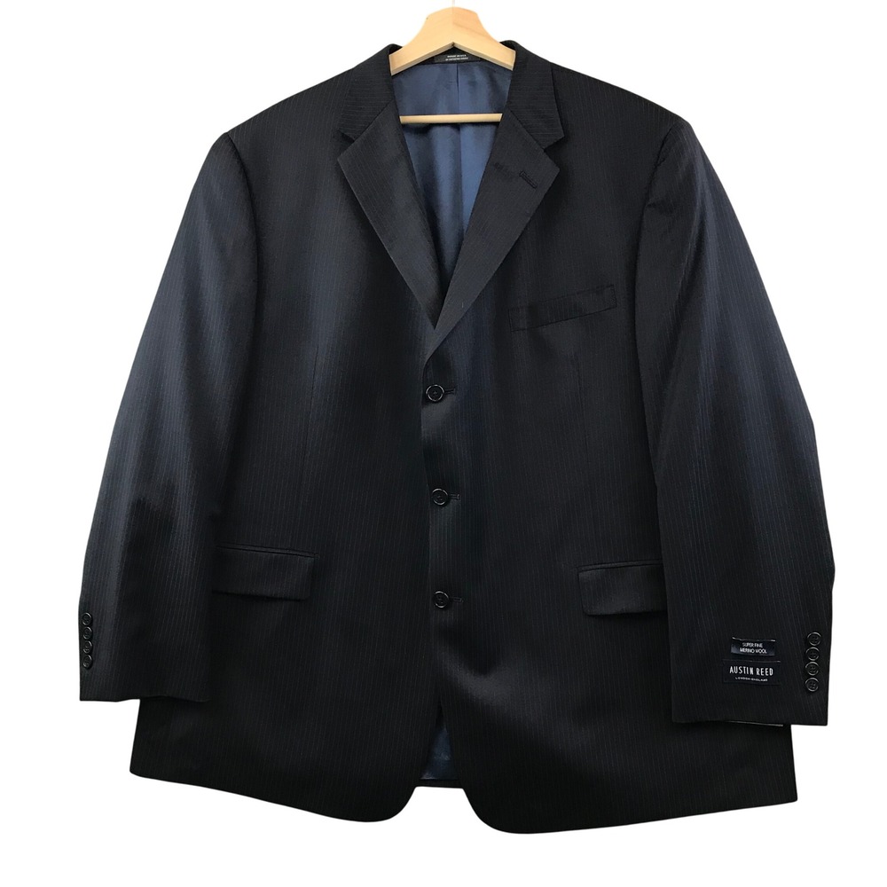 New Austin Reed London England Super Fine Merino Wool Black Pinstripe Blazer 52R